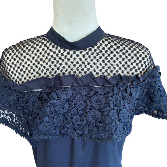 Self-Portrait Top Womens Size 6 Navy Blue Hudson Poplin Lace 100% Cotton NWT - Picture 3 of 10